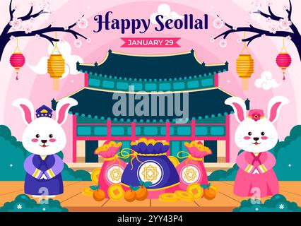 Happy Seollal Translation Korean New Year Vector Illustration featuring the Year of the Wood Rabbit and Gold Coins for the 29 January Celebration Illustrazione Vettoriale