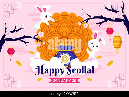 Happy Seollal Translation Korean New Year Vector Illustration featuring the Year of the Wood Rabbit and Gold Coins for the 29 January Celebration Illustrazione Vettoriale