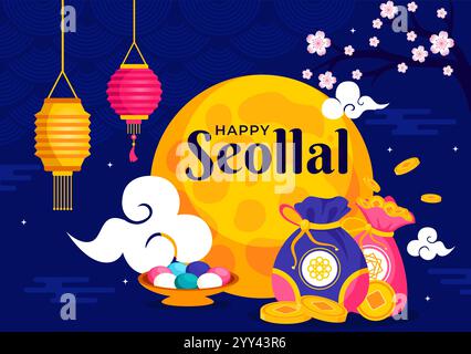 Happy Seollal Translation Korean New Year Vector Illustration featuring the Year of the Wood Rabbit and Gold Coins for the 29 January Celebration Illustrazione Vettoriale