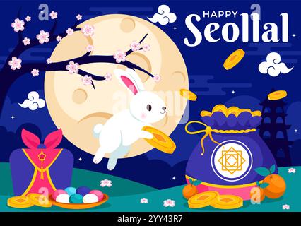 Happy Seollal Translation Korean New Year Vector Illustration featuring the Year of the Wood Rabbit and Gold Coins for the 29 January Celebration Illustrazione Vettoriale