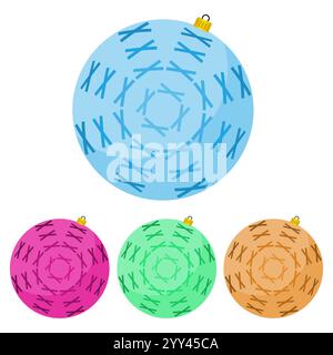 Quattro palline di Natale multicolore su sfondo bianco illustrazione vettoriale. Illustrazione Vettoriale