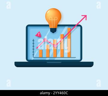 Idea di gestione dei progetti di successo, grafico dei progetti redditizio sullo sfondo di un laptop funzionante con software. Illustrazione vettoriale 3D. Illustrazione Vettoriale