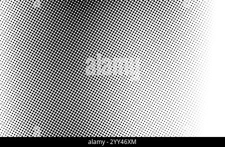 Motivo diagonale dei mezzitoni con punti neri che creano un effetto sfumato su uno sfondo bianco, mostrando una disposizione da densa a sparsa. Illustrazione Vettoriale