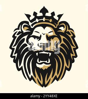Leone feroce con la bocca aperta e le zanne barattate. Simbolo reale, logo del predatore animale re Illustrazione Vettoriale