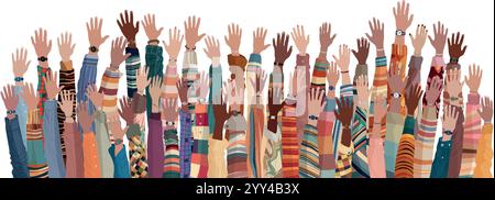 Gruppo di mani alzate di persone multiculturali colleghi o volontari Illustrazione Vettoriale