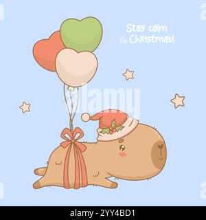 Il carino capybara natalizio nel cappello di Babbo Natale vola con palloncini. Divertente Capodanno inverno cartoni animati kawaii personaggio animale. Collezione bambini. Illustrazione vettoriale. Illustrazione Vettoriale