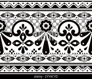 Ceramica messicana Talavera motivo vettoriale senza cuciture in bianco e nero, tessuto o tessuto, sfondo decorativo ispirato alle ceramiche tradizionali de Illustrazione Vettoriale