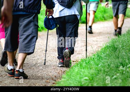 Persona che cammina su un sentiero, primo piano delle gambe, attività sportiva, stile di vita sano Foto Stock