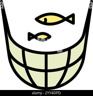 Icona del colore della rete per pesci. Attrezzatura speciale per la pesca. Gara di pesca. Il pescatore cattura il pesce. Disegno piatto isolato dal vettore. Illustrazione Vettoriale