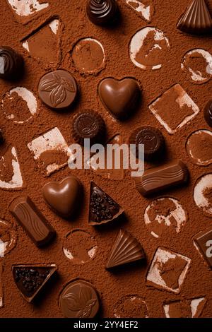 Vista dall'alto di vari tartufi di cioccolato sparsi artisticamente su una superficie spolverata di cacao, catturando l'essenza di un delizioso dolce dessert Foto Stock