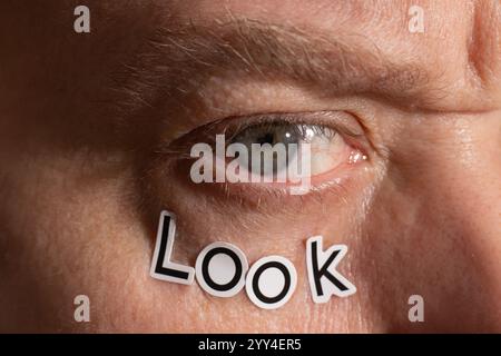 Un'immagine ravvicinata dettagliata raffigura un occhio umano con la parola look posta sotto di esso le lettere sono disposte in modo creativo, enfatizzando la visione e la messa a fuoco Foto Stock