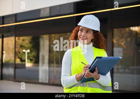 Donna latina con capelli ricci, con un elmetto e un giubbotto riflettente, si trova in una posizione sicura in città, tenendo in mano un appunti che incarna la moderna e Foto Stock