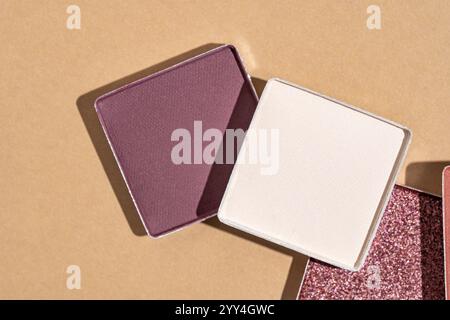 Vista dall'alto verso il basso di una disposizione minimalista con tavolozze di trucco in tonalità terrose su sfondo beige. La composizione evidenzia un sottile, quindi Foto Stock