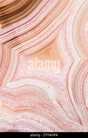 Questa macrofotografia cattura le intricate bande e i colori di un'agata di Laguna tagliata e lucida proveniente dal Messico i motivi vivaci mettono in risalto la sua naturale b Foto Stock