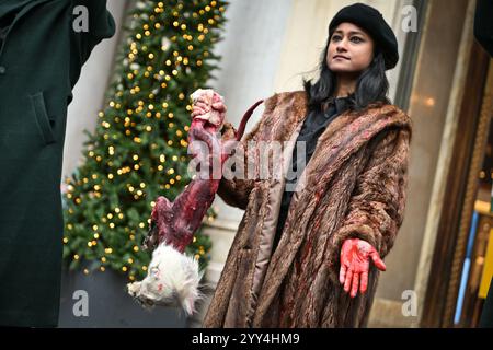 Parigi, Francia. 19 dicembre 2024. Gli attivisti della PETA (People for the Ethical Treatment of Animals) protestano davanti a Printemps a Parigi, il 19 dicembre 2024. Foto di Firas Abdullah/ABACAPRESS. COM credito: Abaca Press/Alamy Live News Foto Stock