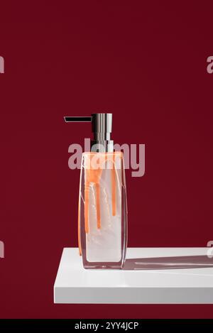 Un elegante erogatore di sapone liquido dal design elegante, parzialmente riempito con sapone arancione, si trova su una superficie bianca su uno sfondo rosso intenso, creat Foto Stock