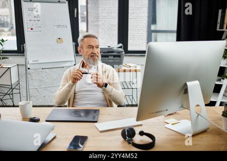 L'uomo maturo con la barba si concentra sul lavoro mentre è seduto a una scrivania ben organizzata. Foto Stock