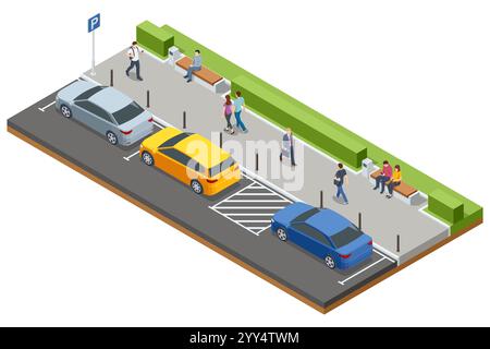 Illustrazione isometrica di un parcheggio con auto, di un parcheggio per disabili e di un percorso pedonale. Panchine e siepi verdi offrono posti a sedere e. Illustrazione Vettoriale