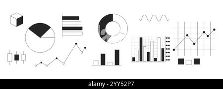 Visualizzazione dei dati grafici set di oggetti linea 2D in bianco e nero Illustrazione Vettoriale