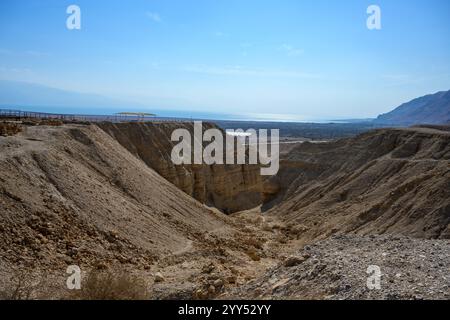 Grotte nella scogliera di Marl presso il sito archeologico di Qumran sulla riva del Mar morto, in Cisgiordania, Israele il sito di Qumran è meglio conosciuto come il settl Foto Stock
