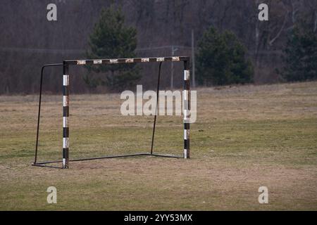 Vecchio campo da calcio rustico abbandonato in mezzo alla foresta. Foto Stock