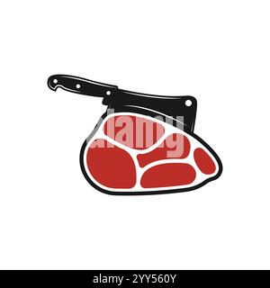 Modello logo carne e coltello. Icona dell'industria della carne. Il logo del macellaio Illustrazione Vettoriale