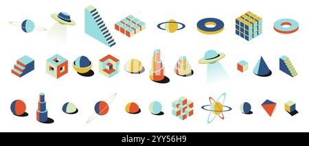 Set di audaci forme isometriche 3D in stile retrò brutalista. Forme geometriche colorate come pianeti, UFO e sfere. Ideale per poster vivaci, cartoline, arte murale moderna o progetti di design creativo Illustrazione Vettoriale