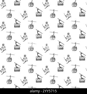 Impianti di risalita per la stazione sciistica e per gli sport invernali e gli sciatori. Motivo senza cuciture con ascensore. Progettazione grafica di linee per turisti. Illustrazione vettoriale CA Illustrazione Vettoriale