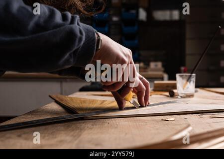 Ammonite Création Design a Troyes (Francia nord-orientale): Ebanisti, creatori di oggetti e mobili e designer. Intarsiatura di paglia, arte e cr Foto Stock