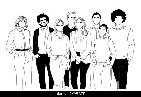 Il giovane con le cuffie si siede sul display posteriore del computer. Contorno colorato illustrazione disegnata a mano isolata su sfondo bianco. Illustrazione Vettoriale