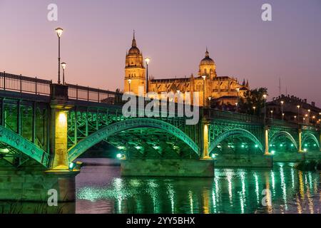 SALAMANCA, SPAGNA - 27 LUGLIO 2020: Paesaggio urbano di Salamanca dalla riva del fiume Tormes con la città, il ponte Enrique Estevan e la cattedrale illuminati a. Foto Stock