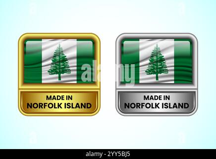 Icona dell'etichetta Made in Norfolk Island nei colori oro e argento. Icona flag impostata per l'azienda Illustrazione Vettoriale
