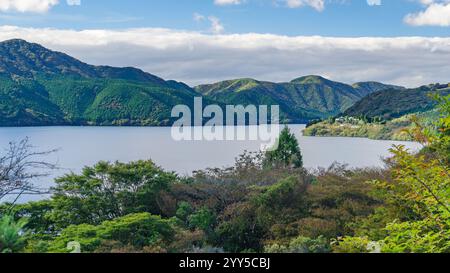 Una serena vista del Lago Ashi (Ashinoko) dalla piattaforma di osservazione Benten-no-Hana Tenbodai nel Parco Onshi Hakone, Hakone, Giappone. Foto Stock