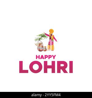 Festa indiana punjabi di festa dei lohri, sfondo del fuoco con tamburo decorato e falò con elementi da festival. disegno dell'illustrazione vettoriale. Illustrazione Vettoriale