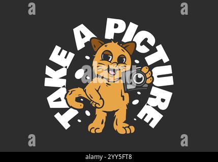 Scatta una foto. Personaggio gatto arancione che regge un disegno illustrativo della fotocamera Illustrazione Vettoriale
