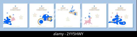 Buon Natale e felice anno nuovo! Un set di biglietti d'auguri minimalisti. Design natalizio dal design minimalista con tipografia, albero, pupazzo di neve, cervo. Illustrazione Vettoriale