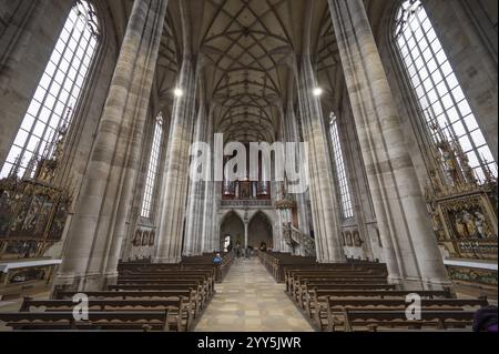 Interno con loft per organo, organo costruito nel 1997, sala tardo gotica chiesa di San Giorgio, Dinkelsbuehl, Baviera, Germania, Europa Foto Stock