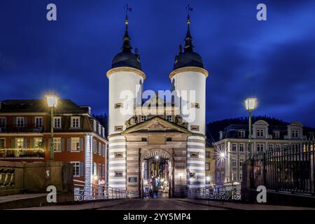 Vista notturna di Heidelberg con castello illuminato e ponte sul Neckar, il vecchio ponte di Heidelberg sul Neckar, il castello illuminato e la stufa del ponte Foto Stock