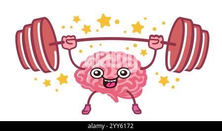 Il simpatico personaggio dei cartoni animati Human Brain solleva pesanti pesi da baracchino. Divertente illustrazione vettoriale Illustrazione Vettoriale
