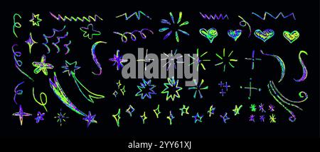 Set di coloratissimi elementi da disegno in gesso neon. Risplende o risplende, cuori e stelle Doodle Collection. Disegno a mano a cera arcobaleno per bambini Illustrazione Vettoriale