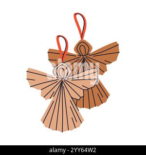 Angeli giocattolo di Capodanno isolati sullo sfondo. Icona o adesivo dell'angelo vettoriale. Giocattolo per abete per l'albero di Natale o per la decorazione della casa. Souvenir con ali di pollo. Illustrazione Vettoriale