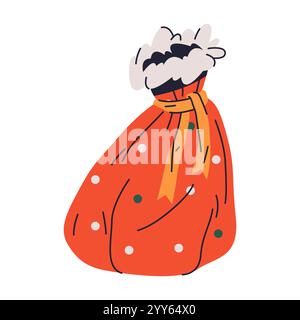 Icona vettoriale della borsa di Babbo Natale. Adesivo natalizio o clipart isolato su sfondo bianco. Borsa regalo per l'anno nuovo. Panno in tessuto con regali per bambini. Illustrazione Vettoriale