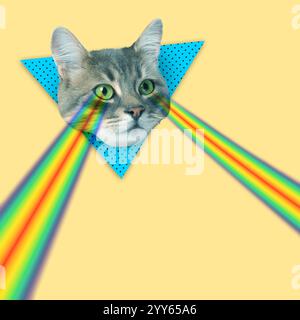 Riprese Cat con laser arcobaleno dagli occhi su sfondo beige, collage creativo. Poster elegante Foto Stock