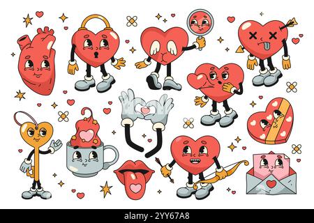 Simpatici personaggi retrò o icone pop art per San Valentino. Set di adesivi vettoriali. Personaggi comici antropomorfi di cuori. Cuore di cupido. Illustrazione Vettoriale