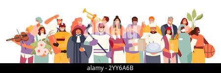 Gruppo di persone di professioni e professioni diverse. Festa del lavoro. Raccolta di caratteri vettoriali Illustrazione Vettoriale