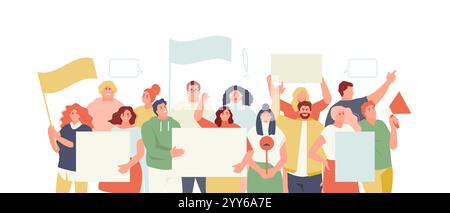 Protestare contro le persone con poster e striscioni. Colpo, illustrazione del vettore di azione di massa Illustrazione Vettoriale