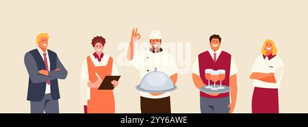 Personale del ristorante. Manager, cuoco, cameriere sommelier, dipendenti vettoriale Illustrazione Vettoriale