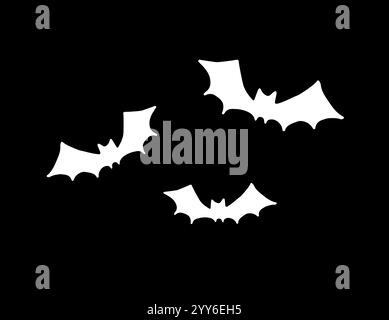 Gruppo vettoriale di tre sagome di pipistrello volante bianche isolate su sfondo nero Illustrazione Vettoriale