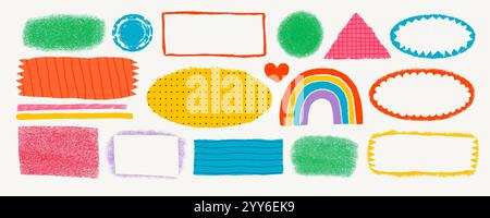 Forme semplici e cornici con vari motivi in stile rustico rustico rustico. Badge, striscioni e altri moduli vintage disegnati a mano con texture e motivi Illustrazione Vettoriale