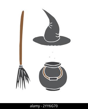 Set vettoriale di boodle disegnato a mano, ciotola colorata e scopa isolata su sfondo bianco Illustrazione Vettoriale